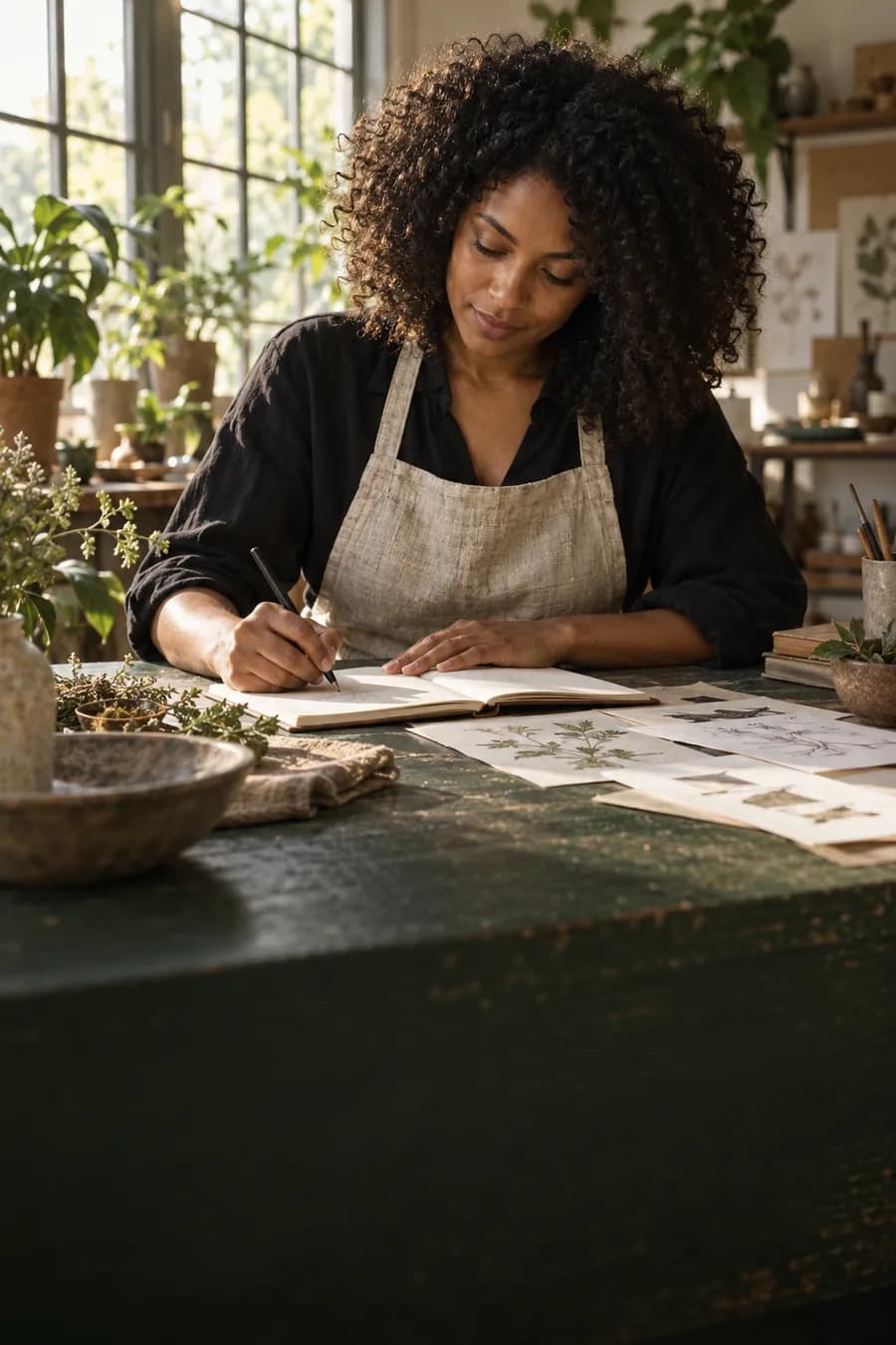 Illustrative creator developing an idea in a sunlit studio