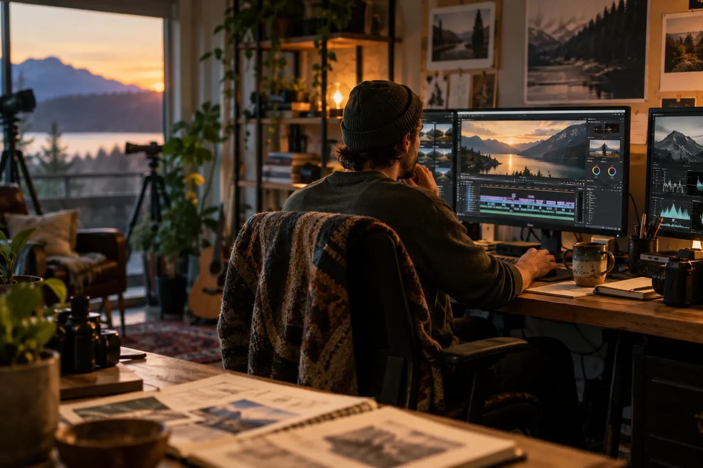 Illustrative independent filmmaker reviewing a cinematic frame and editing timeline in a warm home studio